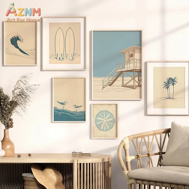 AZNM Vintage Beach Wall Art Canvas Print Unframed Surfboard Wave Palm Tree Lifeguard Tower Seagull Sand Dollar Painting Coastal
