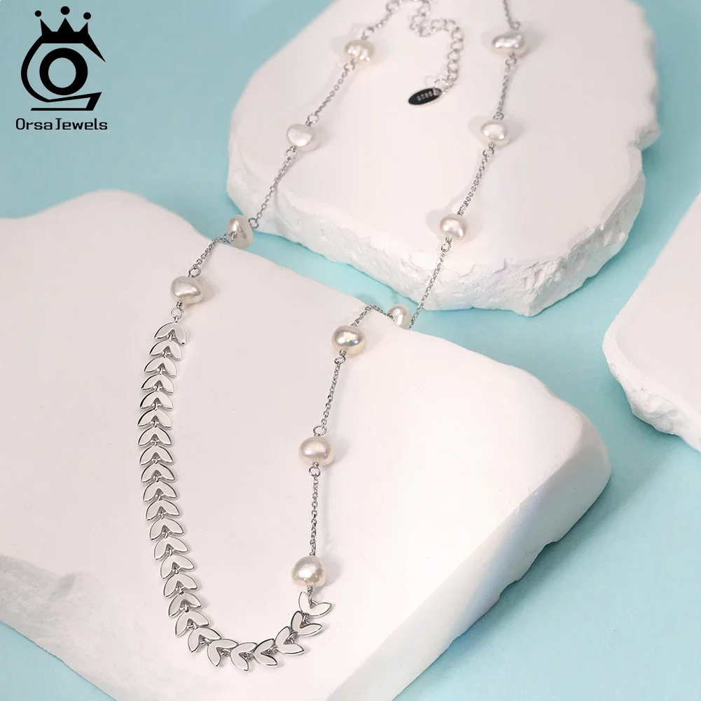 

ORSA JEWELS S925 Silver Fishbone Chain Necklace with Natural Freshwater Baroque Pearl for Women Personality Jewelry GPN88