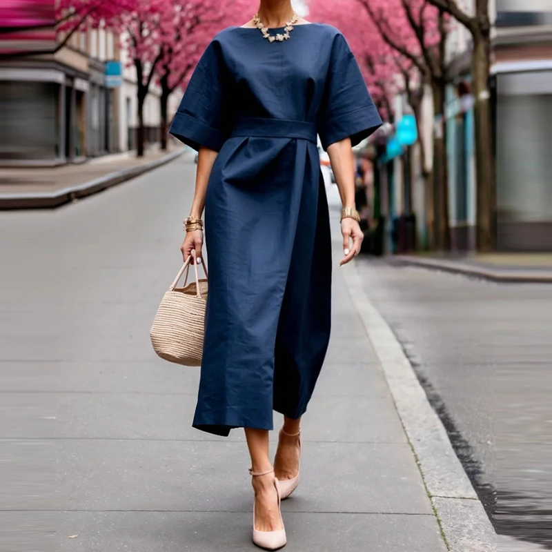 

Summer New O-neck Lace Up Vestido Dress Casual Women High Waisted Commute Long Dress Temperament Short Sleeve Pleated Midi Dress