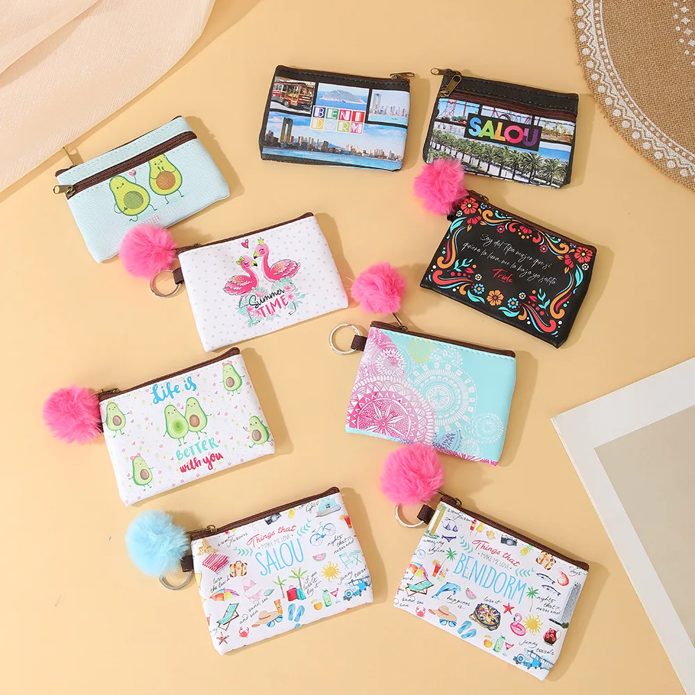 8pcs Coin Purses Women PU National  Letter Printing Double Zipper Ear Line Wallet With Plush Ball