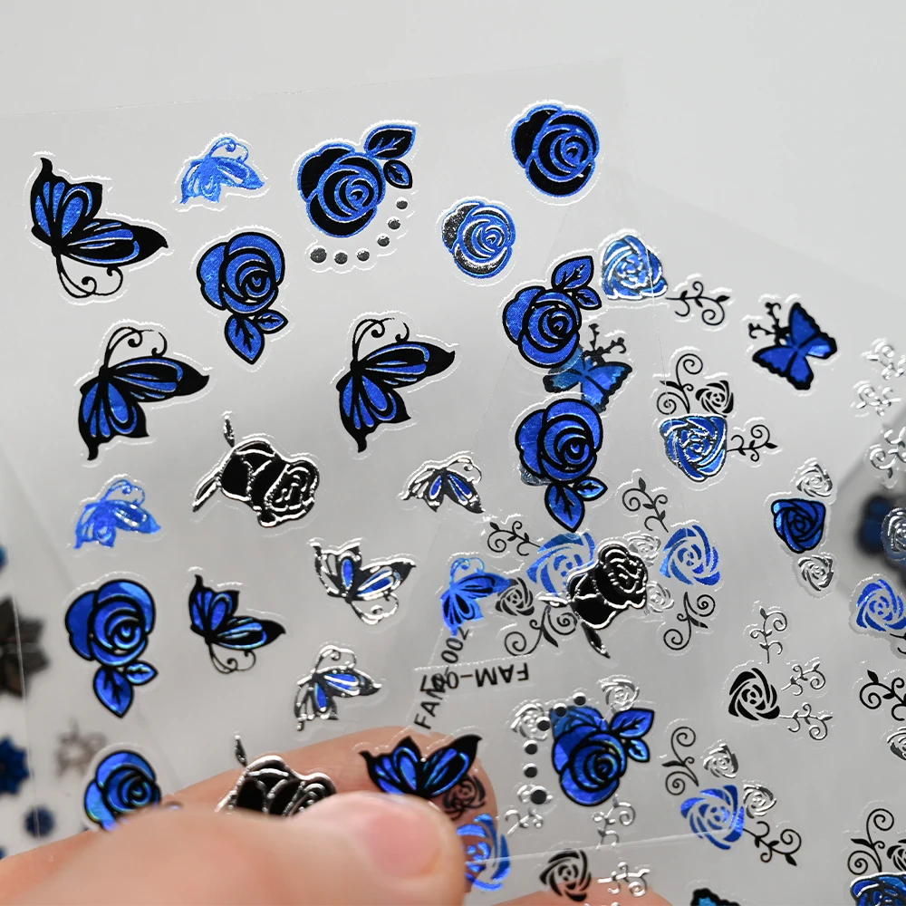 30pcs Klein Blue Butterfly Flowers Nail Art Decals Stickers 3D Retro Glitter Nail Decor Adhesive Sliders Tattoo Manicure Sticker