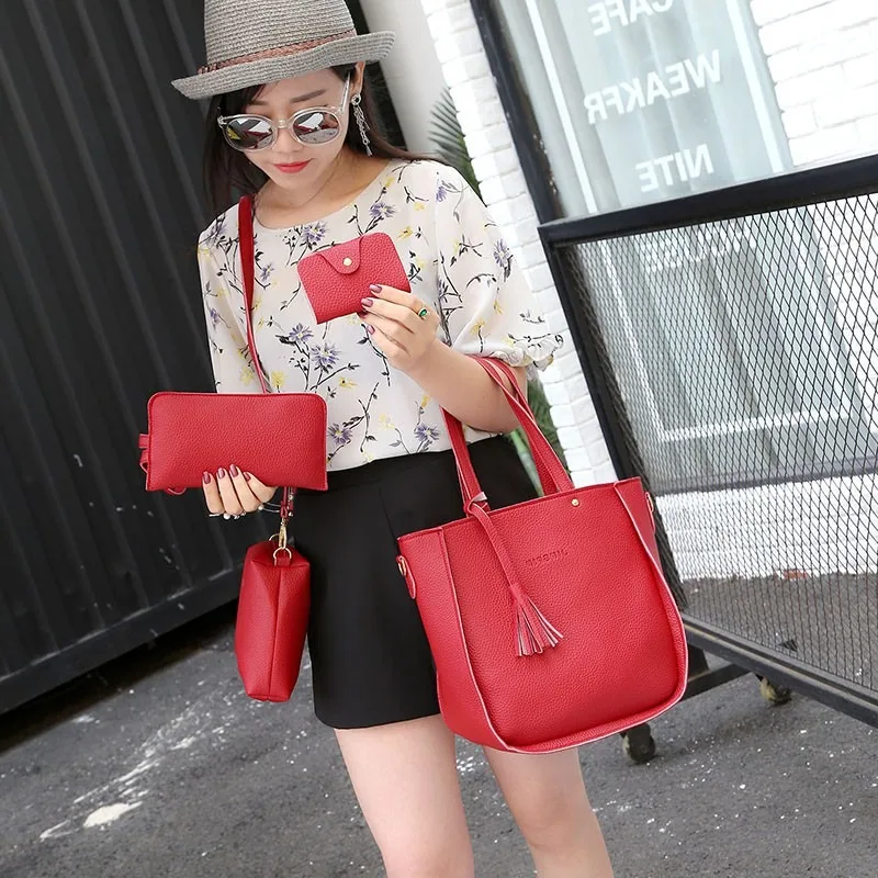 مجموعة حقائب نسائية عصرية على الطراز الكوري، نمط الليتشي، حقيبة دلو كبيرة محمولة بأربع قطع #4