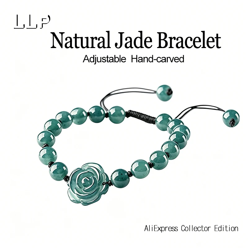 Elegant Hand Carved Blue Water Jade Rose Bracelet, Adjustable Braided Rope Beaded Jewelry for Women, Wedding Gift