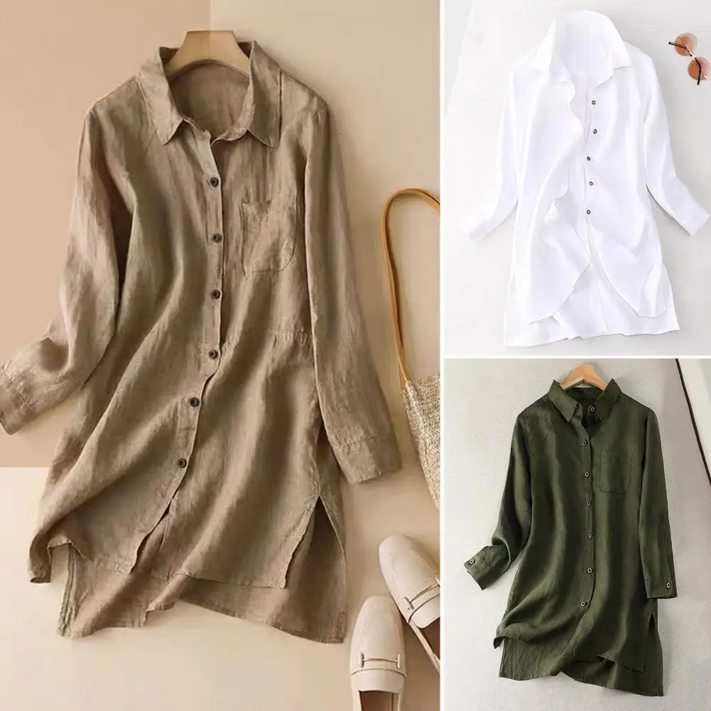 

Women Shirt Vintage Lapel Neck Long Sleeve Women's Shirt Solid Color Mid-length Work Tops for Spring Summer Fashion Pocketed