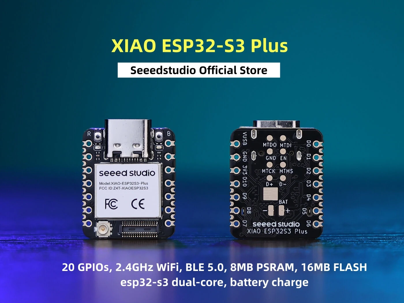 XIAO ESP32S3 Plus - 20 GPIOs, 2.4GHz WiFi, BLE 5.0, 8MB PSRAM, 16MB FLASH, esp32-s3 dual-core, battery charge supported