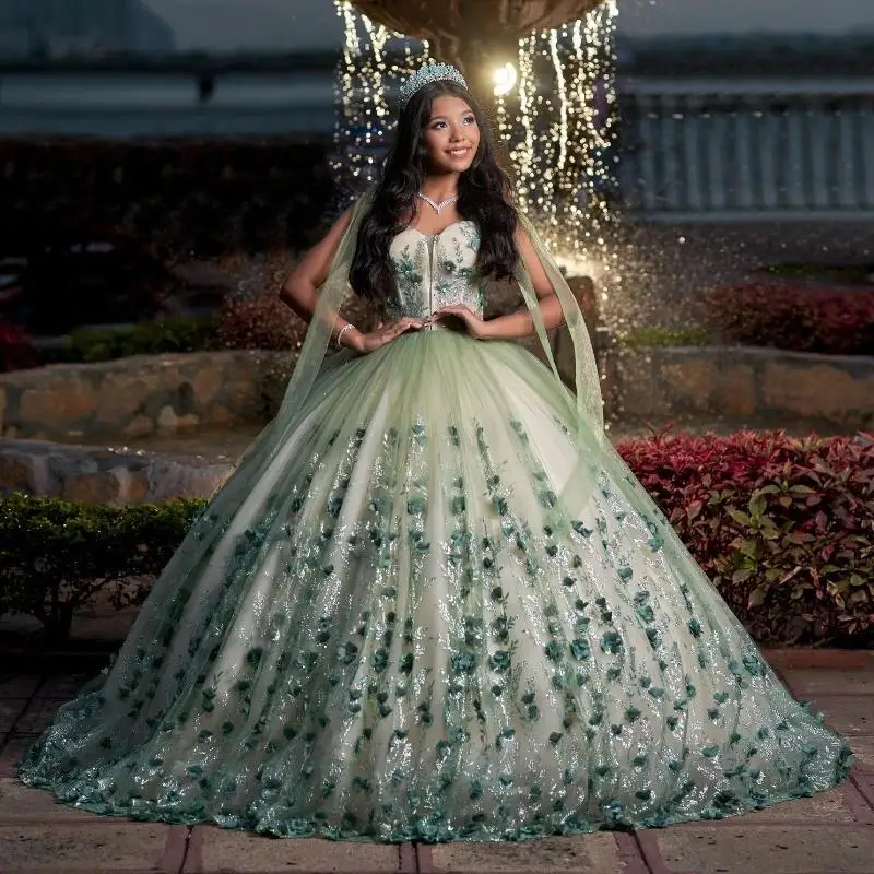 Sage สีเขียว Quinceanera Ball Gown เลื่อมลูกไม้ Applique ดอกไม้ลูกปัดคริสตัล Tull Corset หวาน 16 ชุด Vestidos De 15