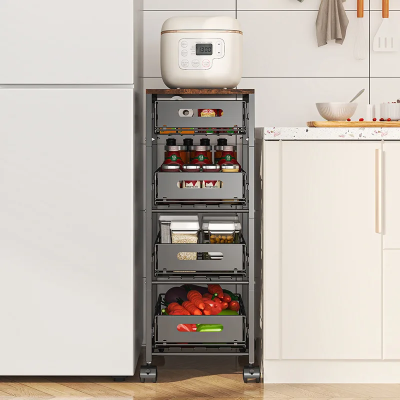 Slim Rolling Utility Cart Four Or Five Tier Black Narrow Gap Organizer Silent Casters Carbon Steel Wood Plastic Storage Shelf