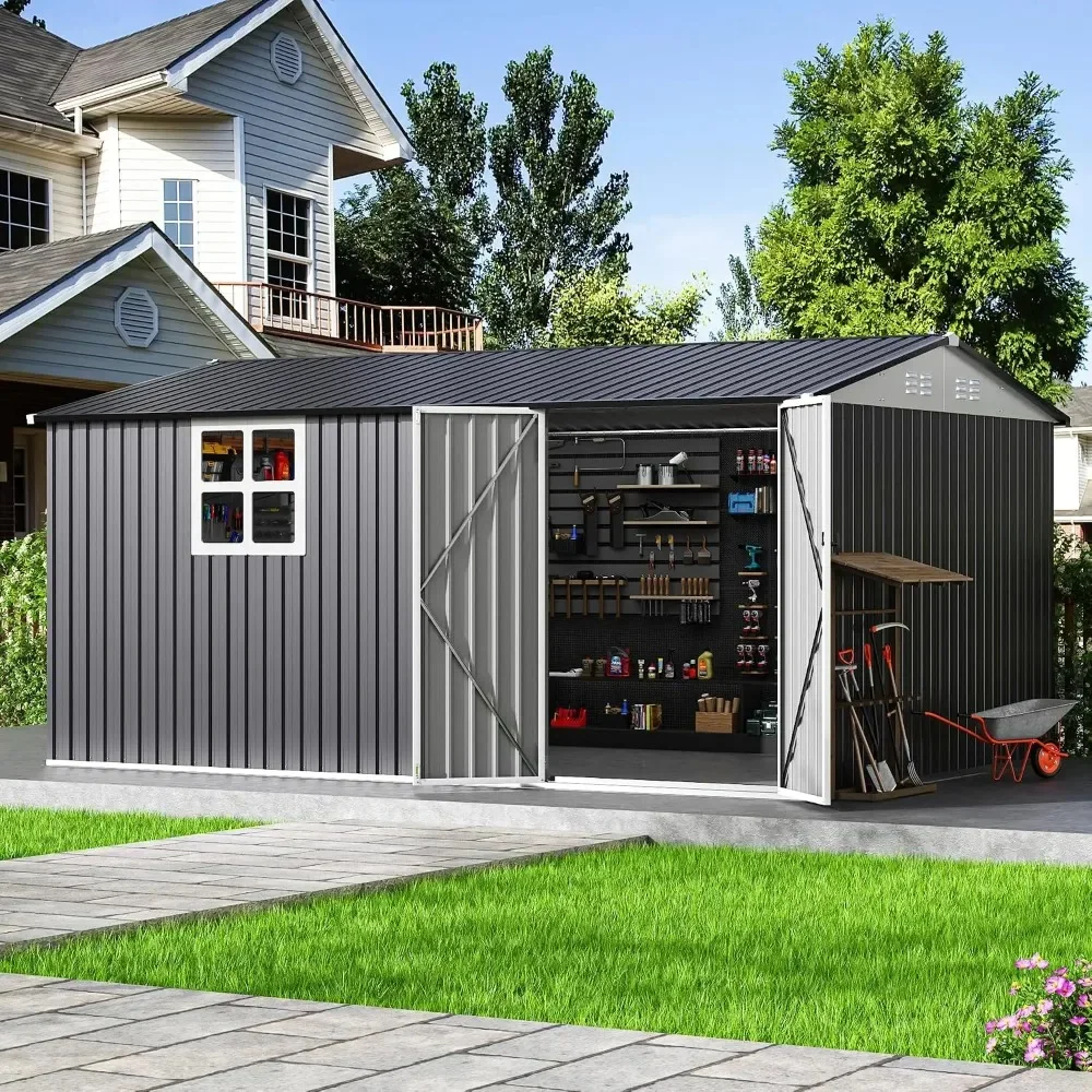 Outdoor Metal Storage Shed with Window, Heavy-Duty Galvanized Steel Tool Shed with Lockable Doors, Waterproof, Custom
