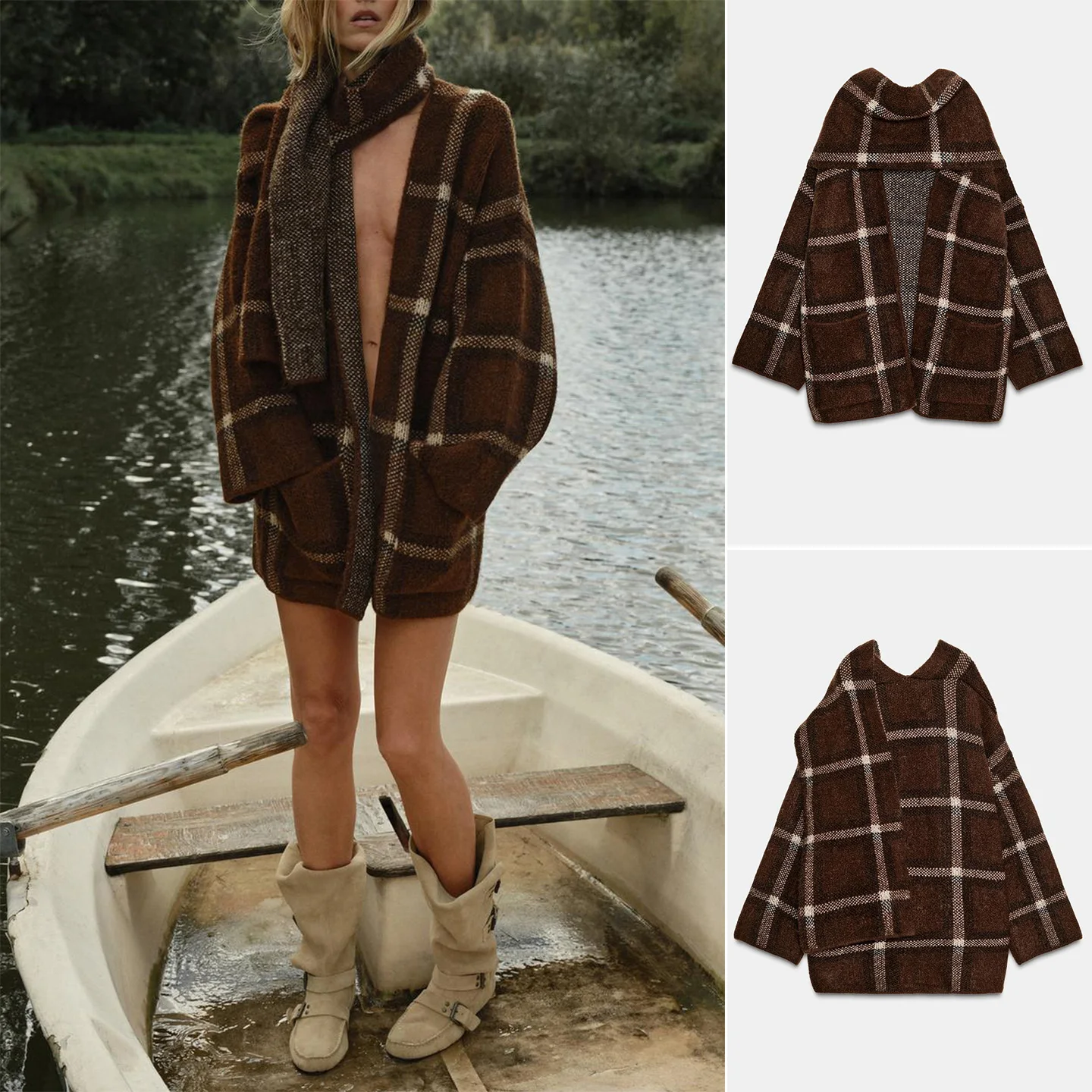 

Autumn Winter New Women's Briti Sle Long Sve Knitted Coat with Plaid Scarf ort Length Polyester Fiber 00%