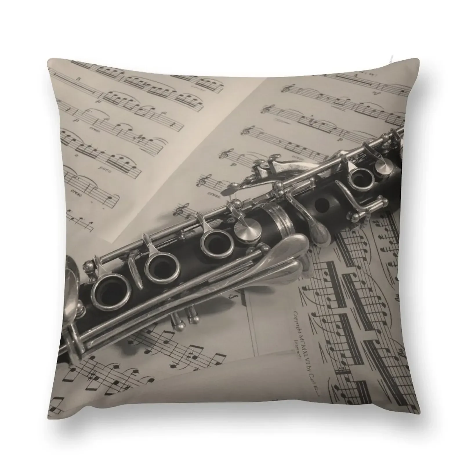 Sepia Clarinet on Sheet Music Throw Pillow Ornamental Pillow christmas supplies pillow