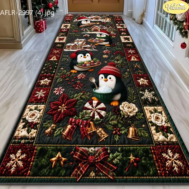 VIKAMA Black Penguin Xmas Cookie Velvet Hallway Runner Non Slip Floor Mat for Holiday Soft Cozy Aesthetic Decorative Home Decor