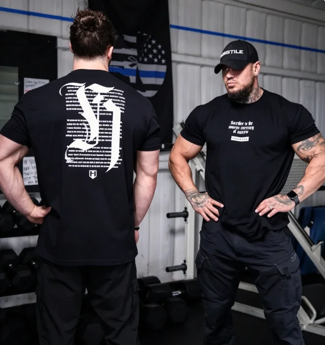 2026 new Dual‑Sided Gothic Script Text Block Graphic Print High‑Quality Comfort Loose Gym Short‑Sleeve Tee