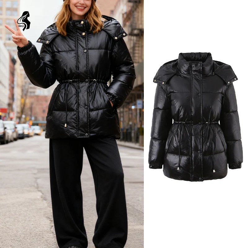 

Женская модная хлопковая куртка с капюшоном на молнии и завязками на талии, теплая хлопковая куртка, стильная и универсальная для повседневной уличной одежды