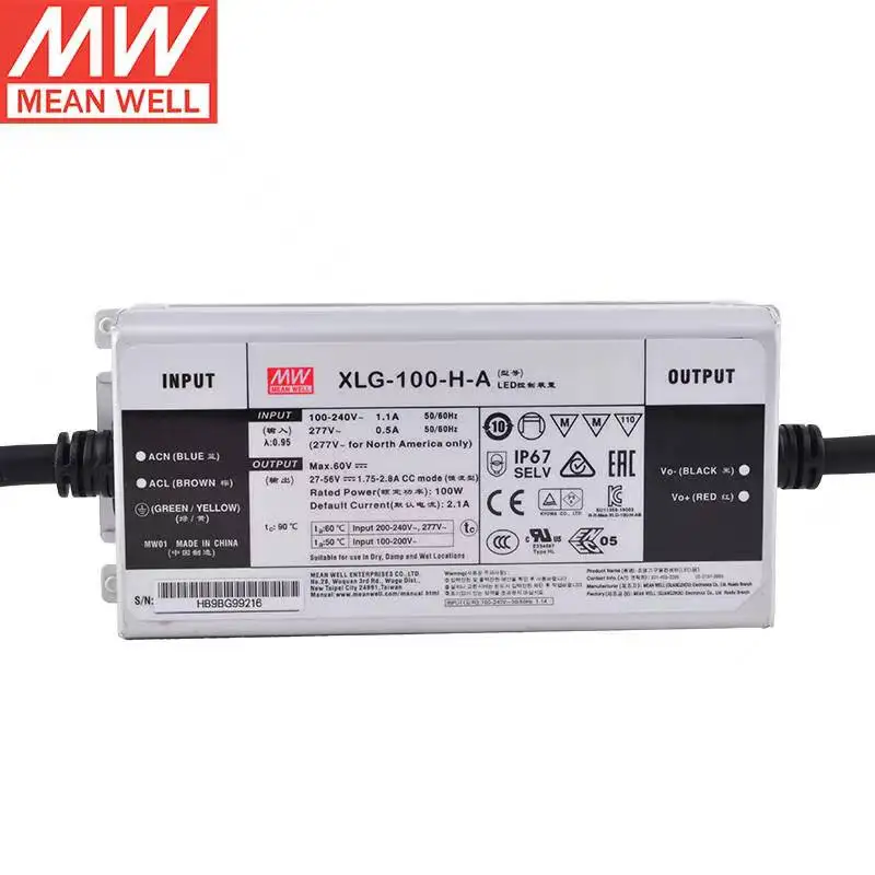 Imagem -06 - Meanwell-led Driver de Iluminação Função Pfc Ativa Ac-dc Ip67 à Prova Dágua Modo de Energia Constante Built-in Xlg100-h-a 2100ma 2756v