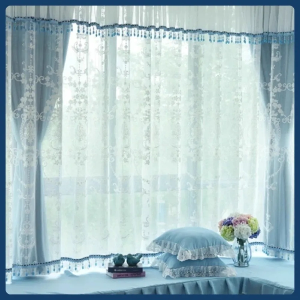 European Modern Simple Window Blackout Bedroom Living Room French Window Sunshade Heat Insulation Blue Curtains Sheer Curtains
