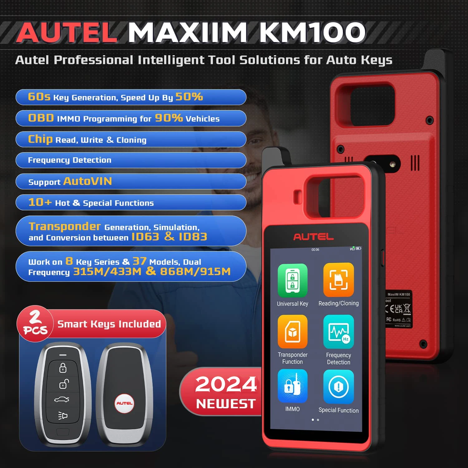 Autel MaxiIM KM100 키 포브 프로그래밍 이모빌라이저 도구, 60 년대 키 세대 OBD IMMO 키 학습, 99% 자동차에 대한 2 개