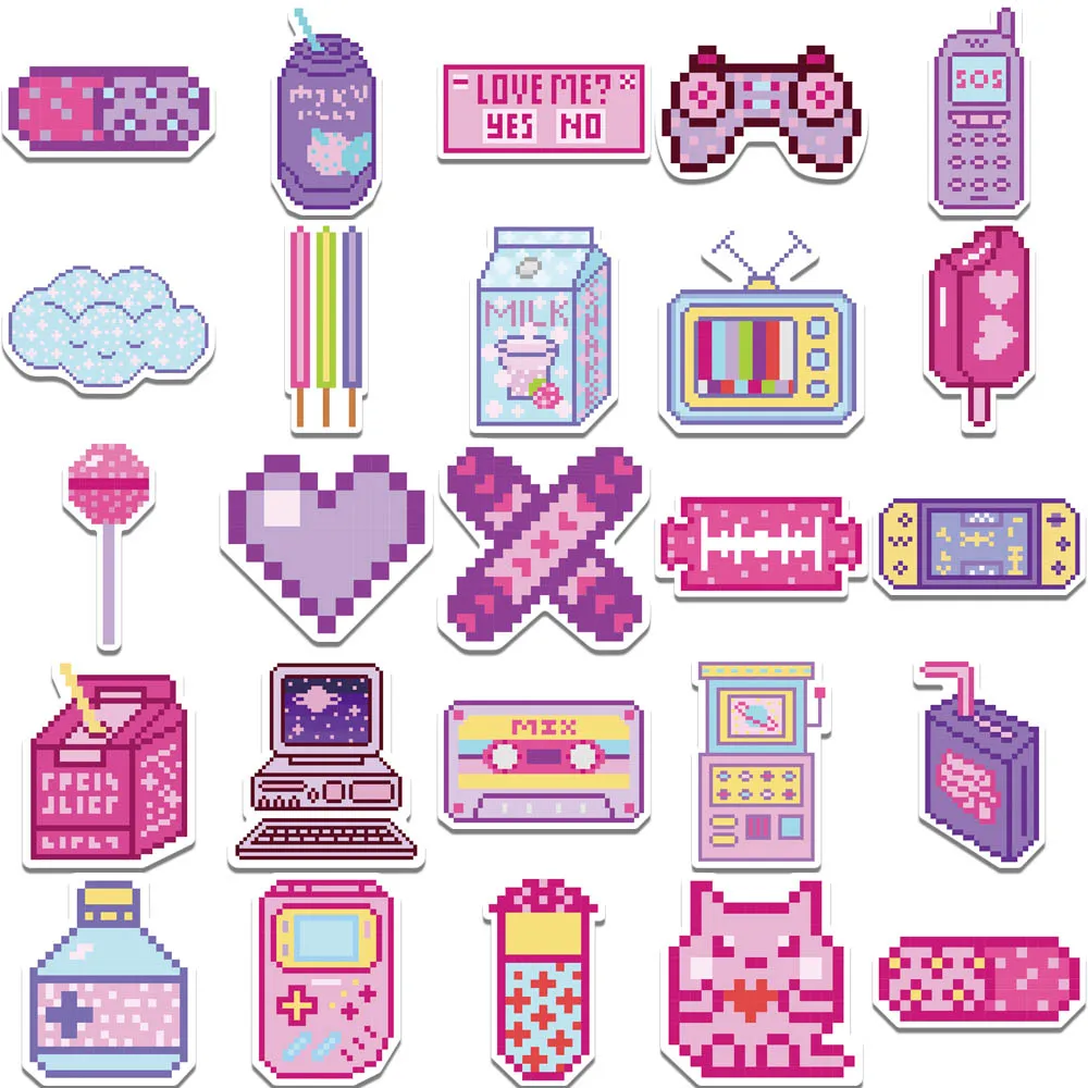 Autocollants mignons de bande dessinée de pixel rose, décalcomanies, ordinateur portable, bagage, téléphone, scrapbooking, JECar, décoration, enfant, jouet, cadeaux, 50pcs