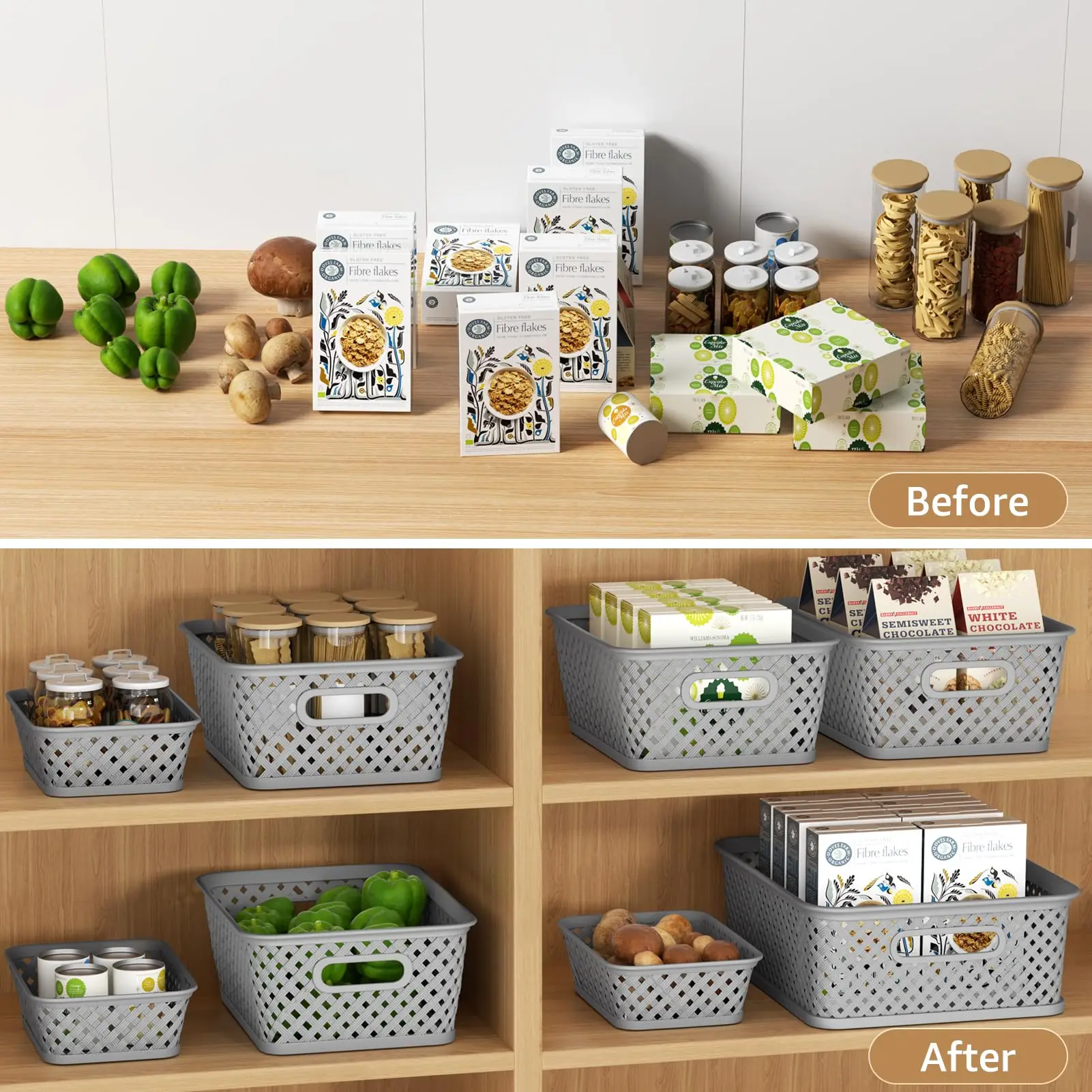 3 Pcs Plastic Storage Baskets Organization Elegant Woven with Window-View Small Storage Bins Organization Baskets for Home