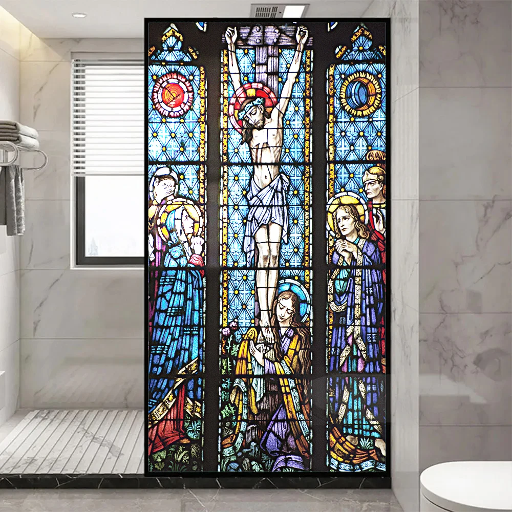 Church Stained Glass Decals Window Film Privacy Heat Insulation and Anti UV Blocking Static Cling Window Sticker for Home J19