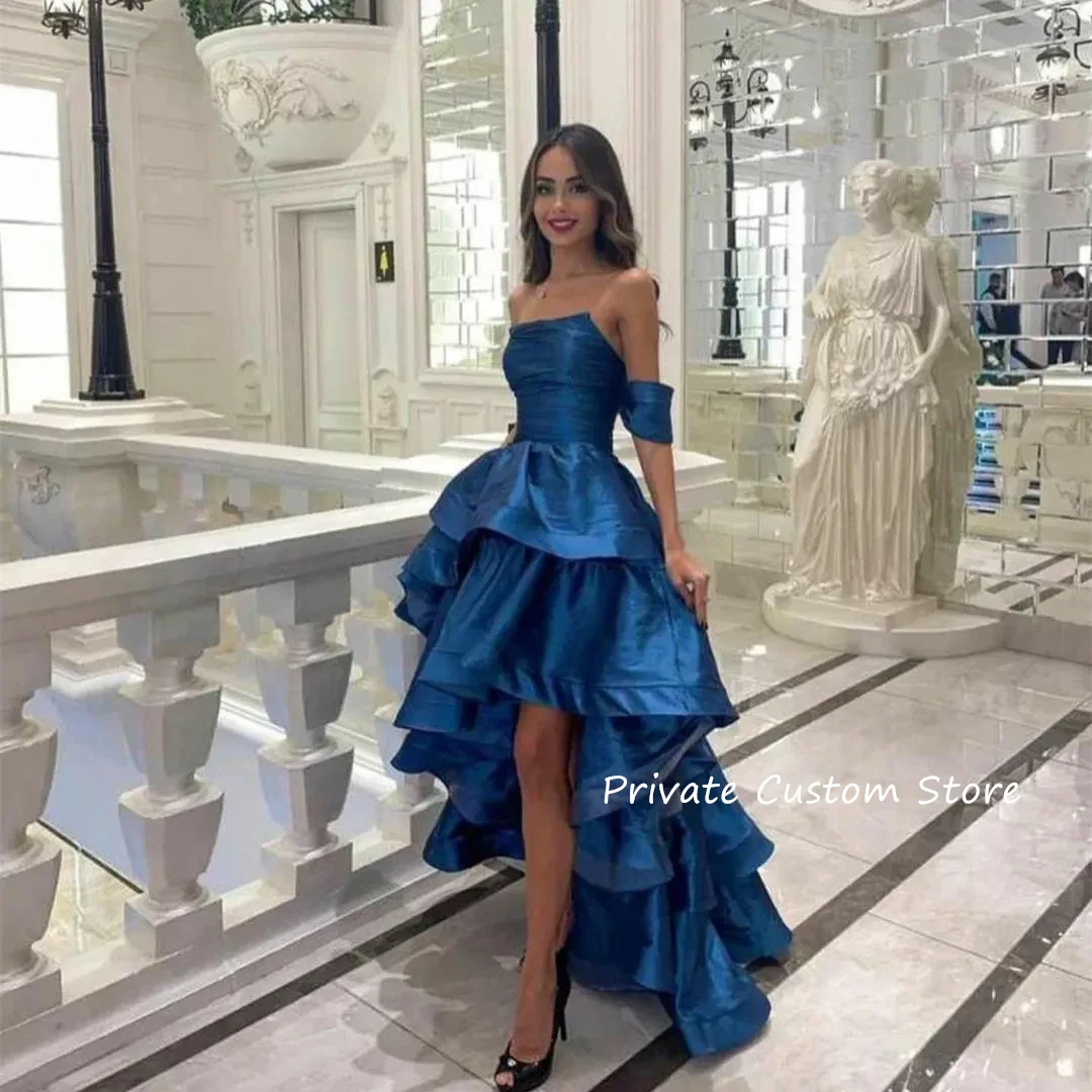 

Hi-Lo Prom Dresses Navy Blue Satin Off Shoulder Homecoming Evening Gowns vestidos de gala vestidos de fiestas elegantes mujer