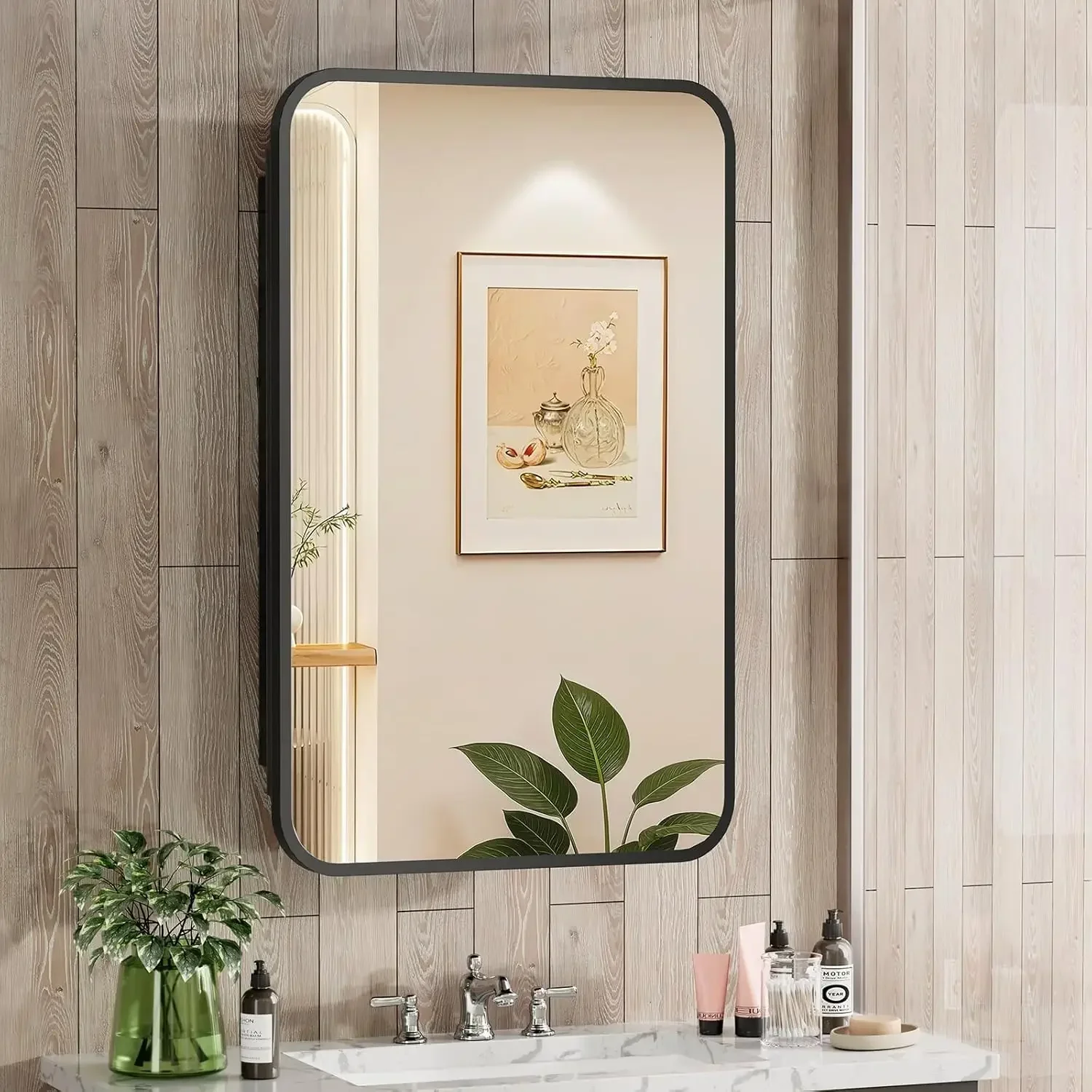 

16x24 Inch Black Mirror Medicine Cabinet Metal Framed Recessed Wall Mounted Bathroom Medicine Cabinet with Mirror and Storage
