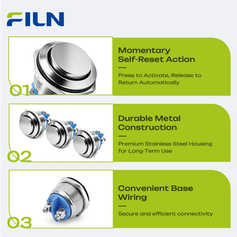 FILN 3 Stück 19mm Metall-Drucktaster, Hochkopf, Momentan, 2 Schraubanschlüsse, Selbstrückstellender Schalter für Generator – Detail 2