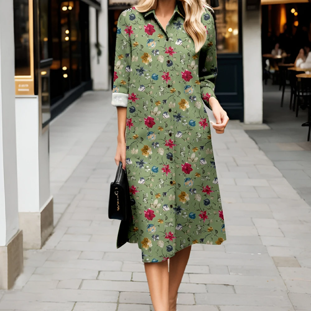 جديد الخريف أزياء الأزهار طباعة المرأة قميص اللباس التلبيب زر فستان طويل المرأة عارضة طويلة الأكمام فستان طويل أنيق #2