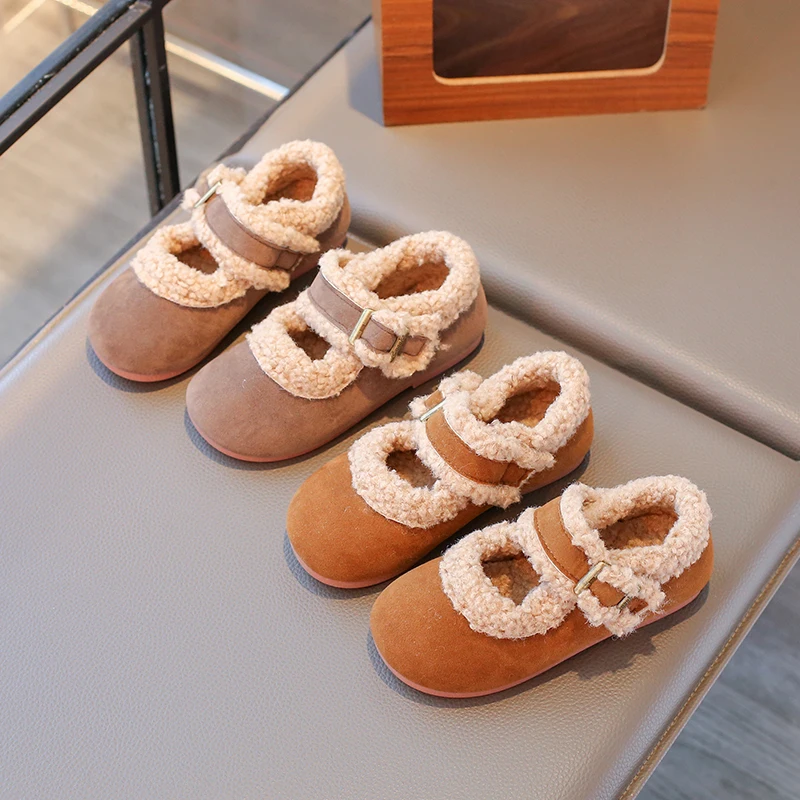 Kids Casual Shoes for Girls Autumn Winter Children Thermal Warm Plush Flats Cotton-padded Snow Shoes Fluffy Anti-skid Size 21-36
