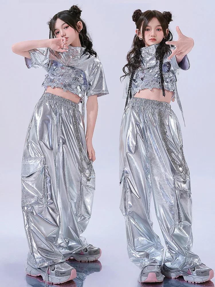 Girls Hio Hop Shiny Silver Sequin Crop Top Cargo Pants Dance Kids K-pop Streetwear Children Jazz Girl Group Costume Clothes Set