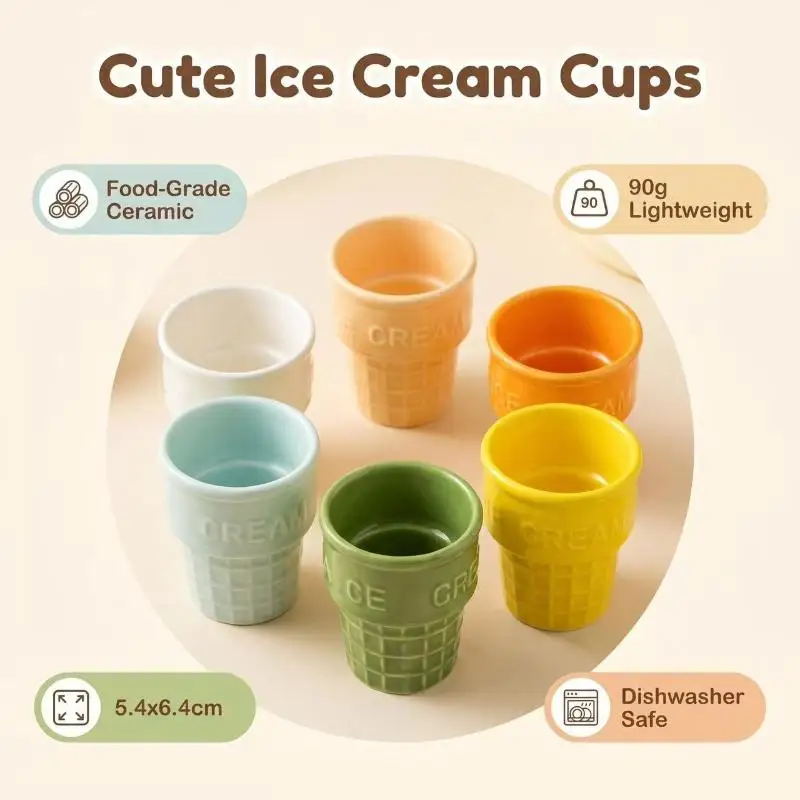 Colorful Ceramic Ice Cream Cups Dessert Coffee Mug With Waffle Cone Design Cute Aesthetic For Home Cafe Afternoon Tea Party Use.