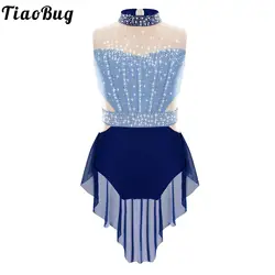 Kids Girl Ballet Gymnastics Leotard Dress Shiny Rhinestones Mesh Skirted Bodysuit Figure Ice Skating Lyrical Performance Costume