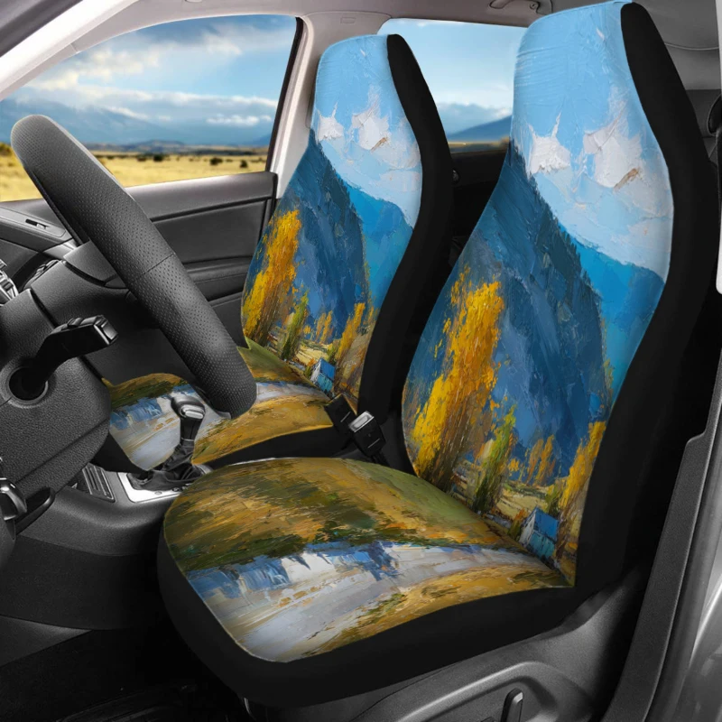 Set Of Two Front Seat Covers Designed For Vehicles, Featuring An Autumn Landscape Theme. These Breathable Cushions Do Not Have B