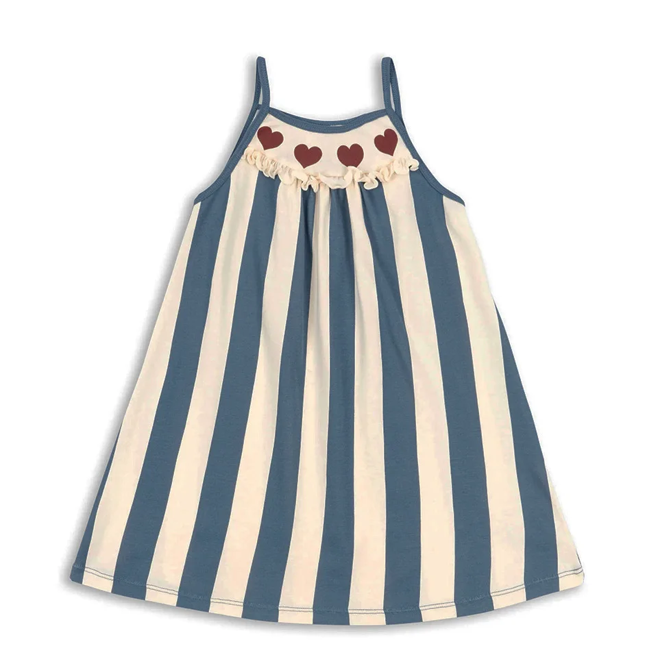 Children Clothes Set Summer 2024 KS Girls Blue Stripe Dress Kids Cute Heart T-shits Shorts Vest Tops Set Kids Slip Soft Dresses