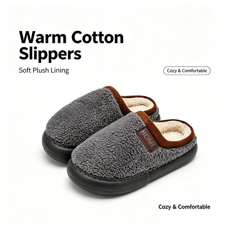 Winter Warm Plush Slippers for Men, Soft Fleece Lined Indoor Home Slippers, Thick Non-Slip Sole Cozy House Slides