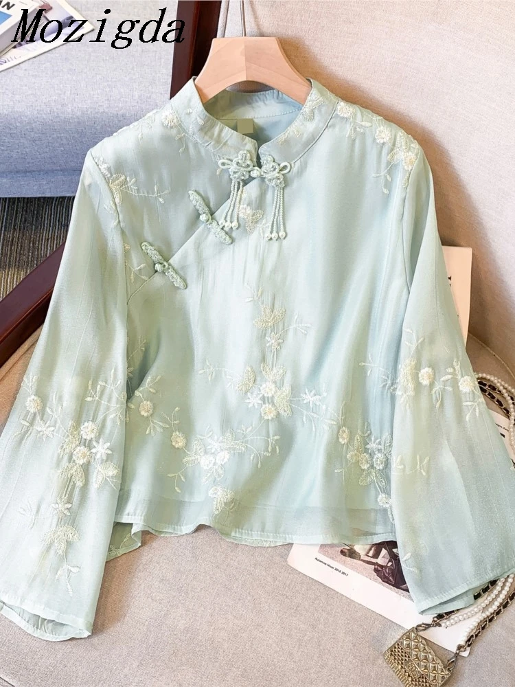 2024 Autumn New Embroidery Shirt Women New Chinese Style Pan Buckle Solid Color National Tide Seven-point Sleeve Ladies Tops