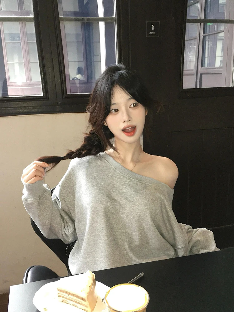 

American Style Spicy Girl Grey Sweatshirt Women's Spring Autumn New Loose Feeling Lazy Style Long Sleeve Top