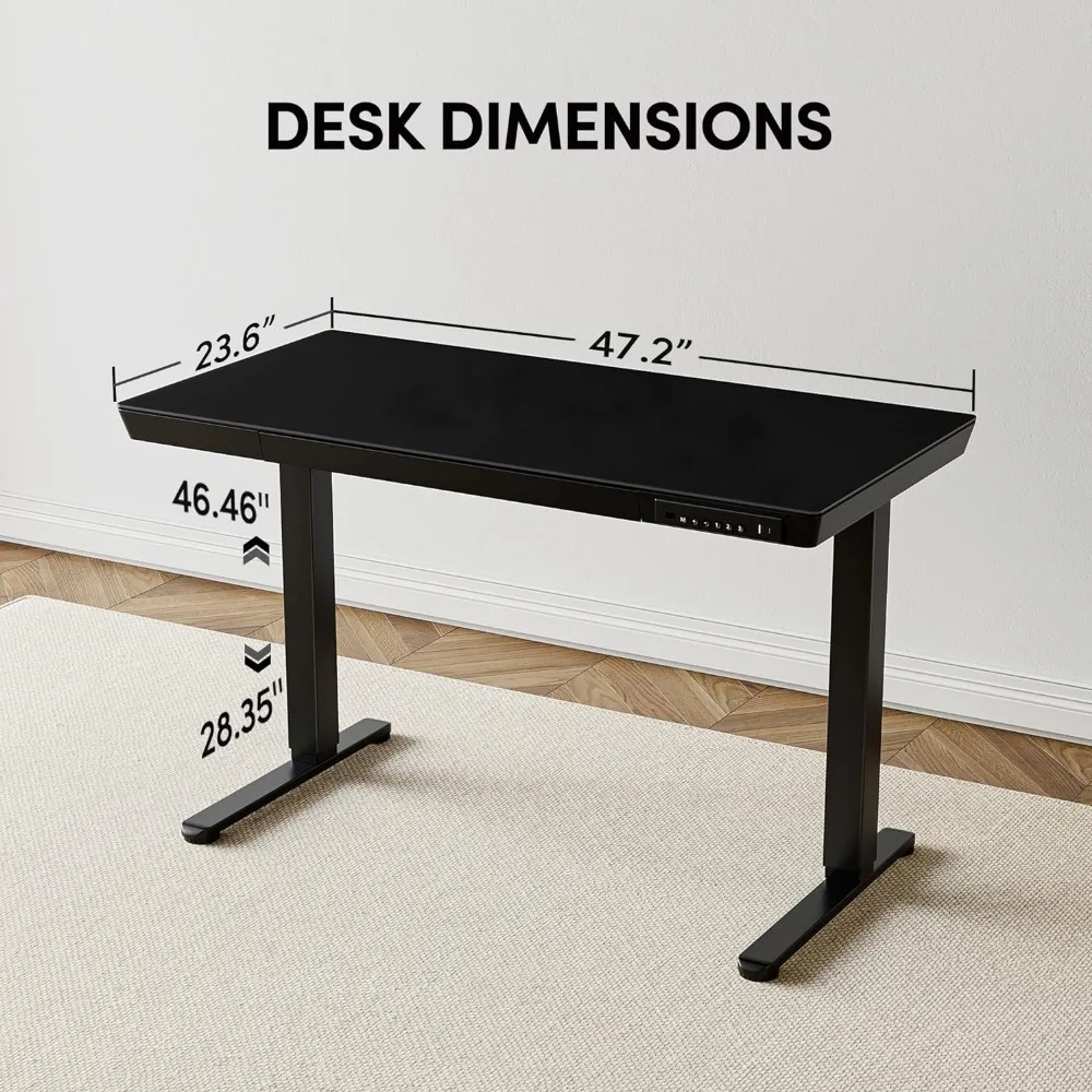 Mesa elétrica com gavetas, mesa de vidro de peça inteira, altura ajustável Stand-up Sit Stand, casa e escritório, 48 in