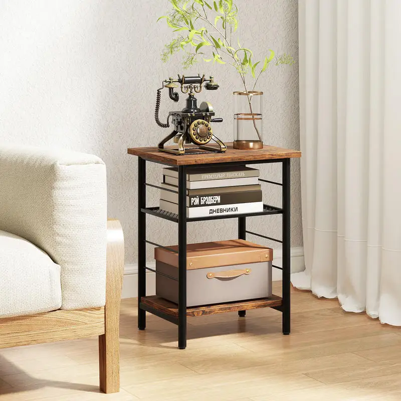 

3-Tier End Table Set of 2 Side Table with Storage Shelves Metal Frame-Rustic Brown