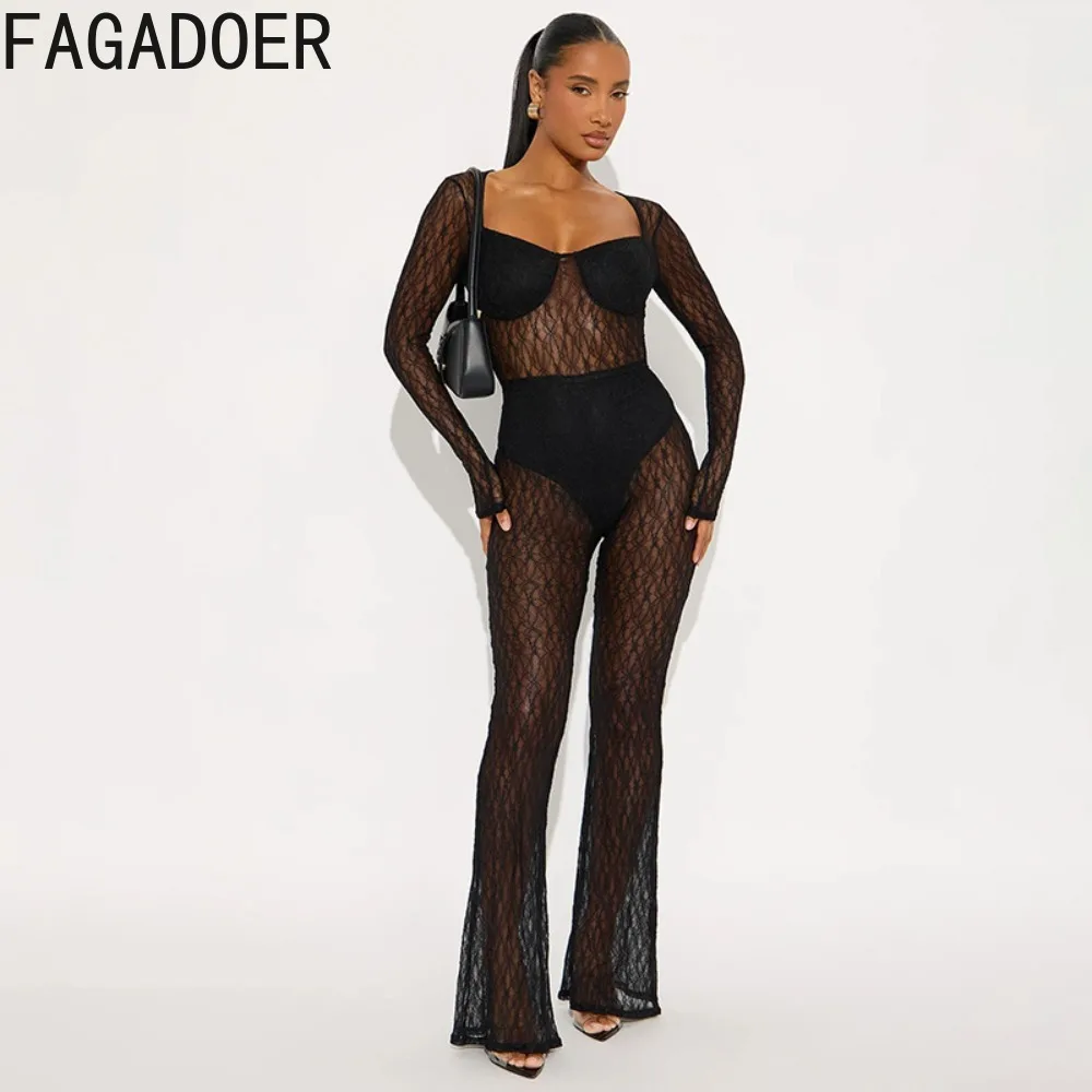 بدلة قفز مثيرة شبكية شفافة من FAGADOER للنساء بلون سادة وأكمام طويلة ملابس خروج نسائية جديدة 2025