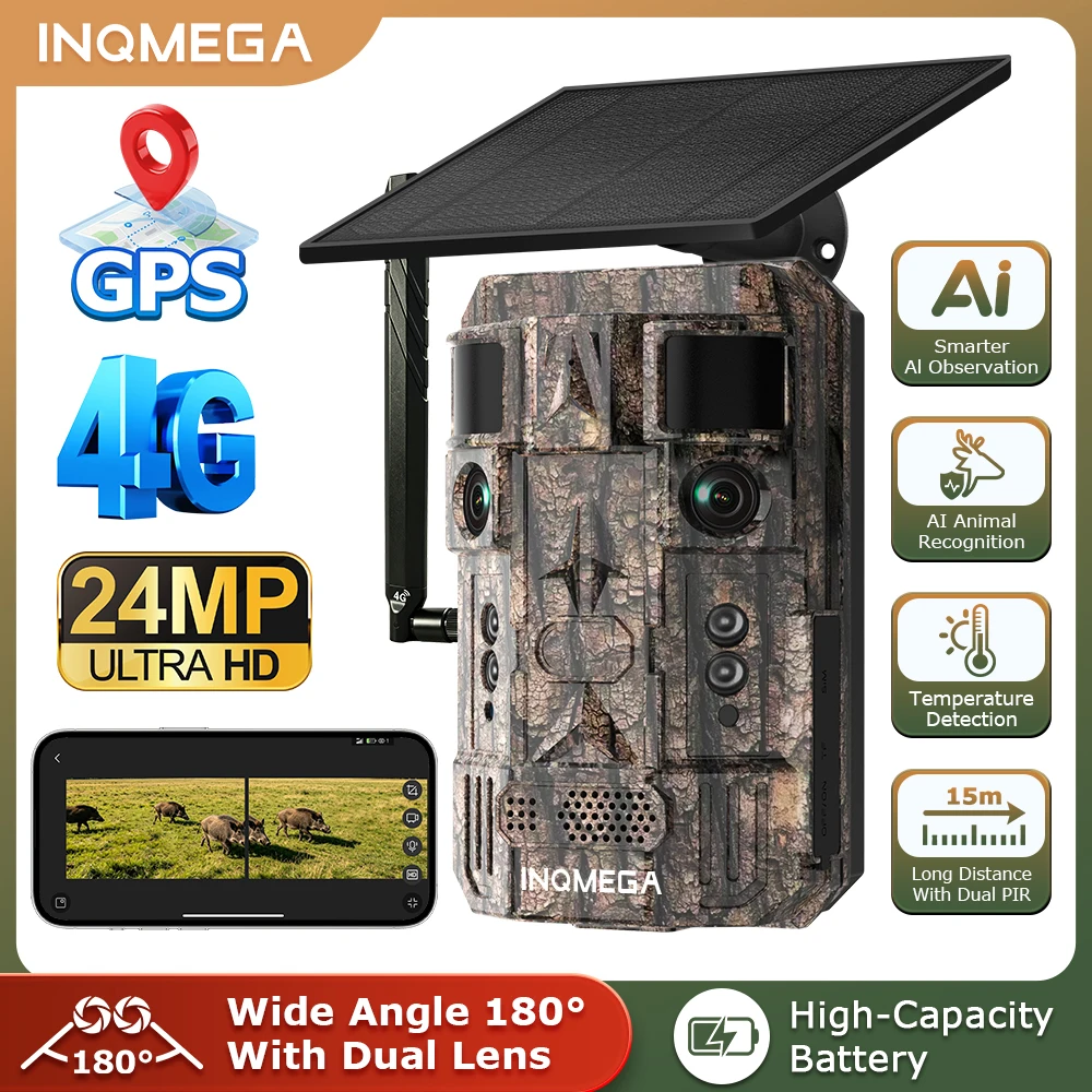 Sectec 24MP Dual Lens Solar 4G GPS Hunting Trail Cam AI PIR 180° Wide Angle IR Night Vision IP66 Outdoor Wildlife Camouflage Cam