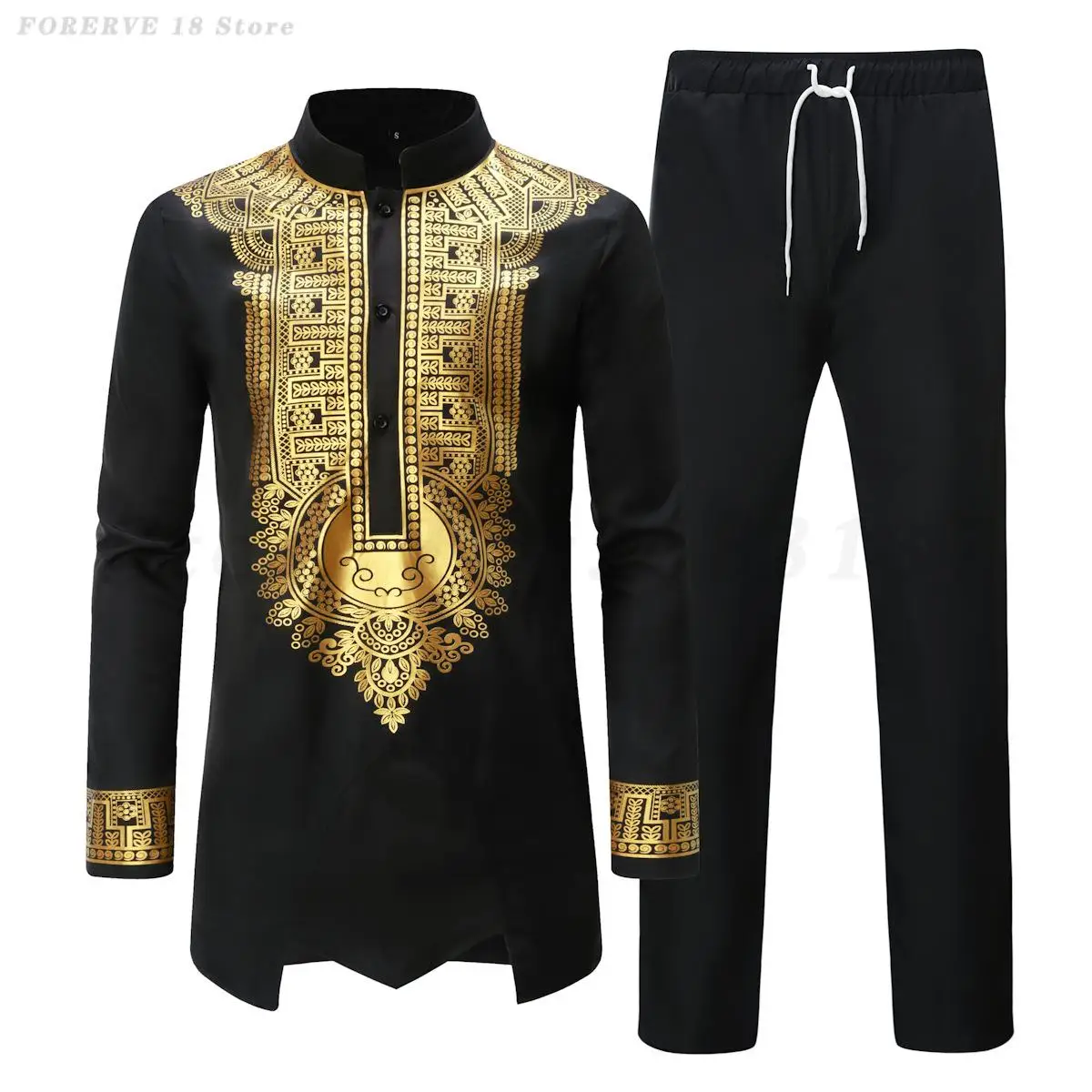 White African 2PCS Clothing Men Long Sleeve Mandarin Collar Shirts Trousers Suit Traditional Muslim Robe Wedding Party Costume