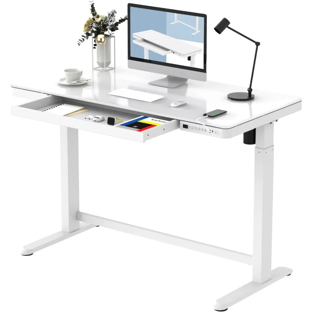 

Electric Glass Standing Computer Desks with Drawer Desktop & Adjustable Frame Quick Install W/USB Charge Ports, Computer Desks