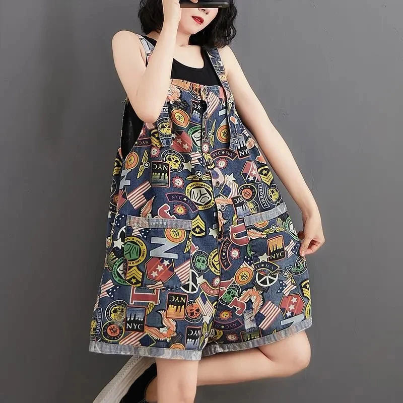 Jumpsuit Playsuits Women Jeans Printed Rompers New Summer Retro Large Size Loose Denim Strap Overalls Fashion Wide-leg Pants