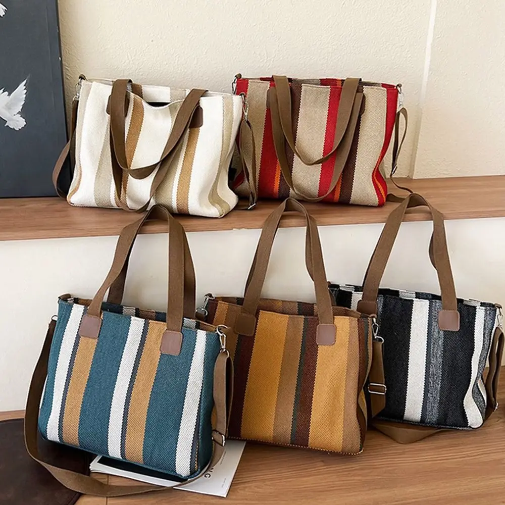 Portable Large Capacity Strip Shoulder Bag Korean Style Cotton Cloth Canvas Shoulder Bag Handbag Tote Bag Girls