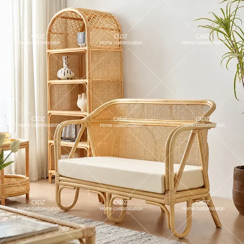 Natural Rattan Sofa Coffee Table Set 3 Piece Living Room Furniture Small Apartment Casual Rattan Chair and Table Combo