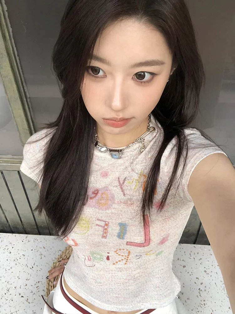 레트로 아메리칸 그래피티 반팔 티셔츠 여성 여름 슬리밍 디자인 크리에이티브 프린트 라운드 넥 수분 흡수 탑