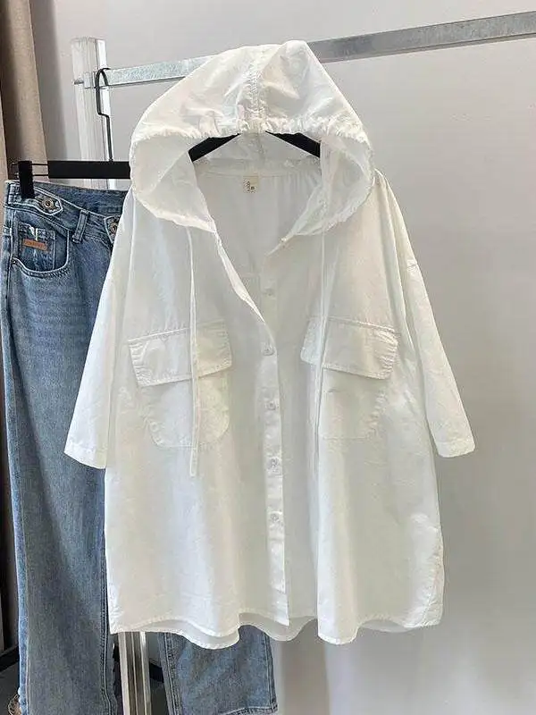 

plus Size Women's Casual Loose Shirt with Hood Seven Sleeve Summer Fashion Outerwear for Pear Sandal Types Korean Style