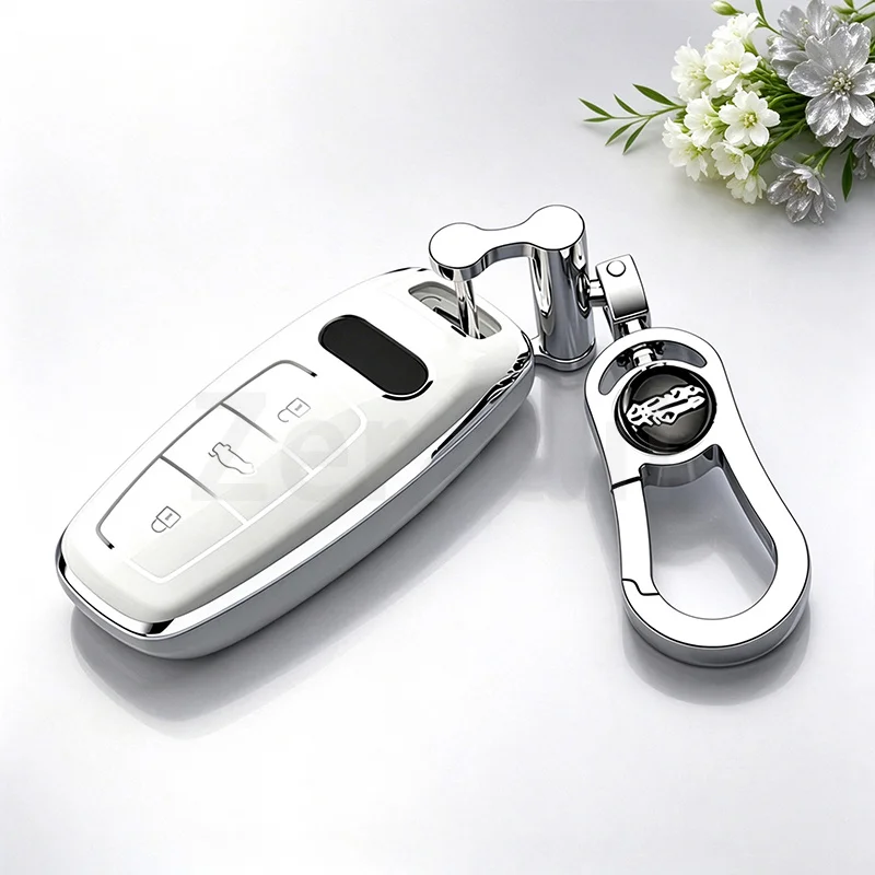 Silver Edge TPU Car Remote Key Case Cover For Audi A6 A7 A8 E-tron Q5 Q8 C8 D5 Shell Fob Keychain Keyless Holder Accessories