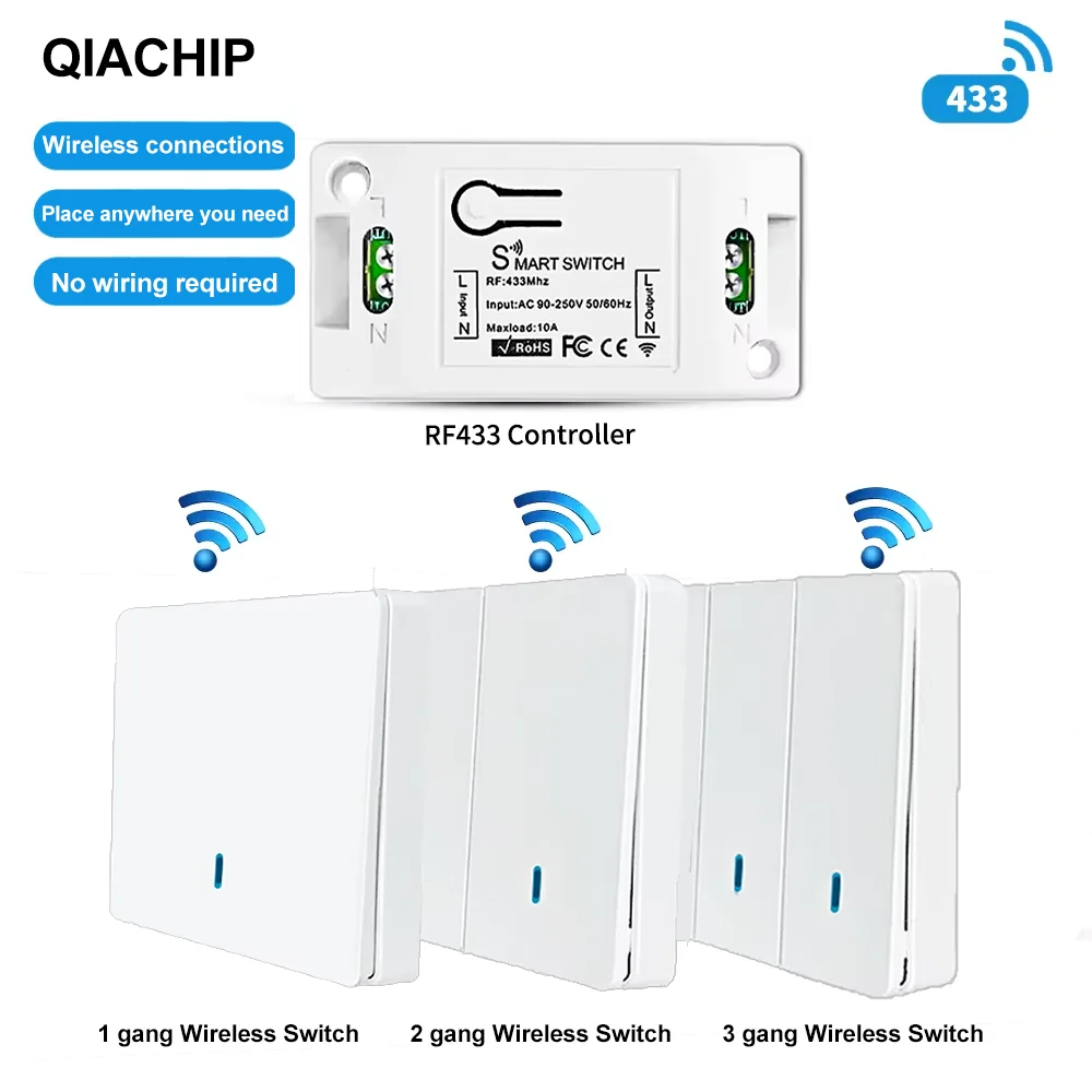QIACHIP-interruptores de luz de pared inalámbricos, receptor de relé AC 110V 220V con Panel de pared RF, transmisores de interruptor para lámpara