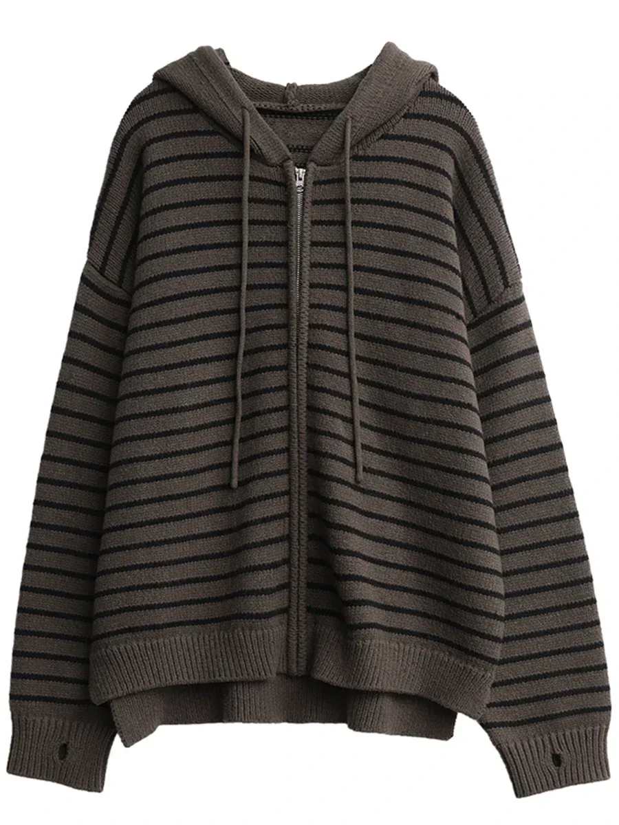 CHIC VEN Women Cardigan Long Sleeves Loose New Drawstring Hooded Striped Sweater Female Loose Knit Jumpers Autumn Spring 2024